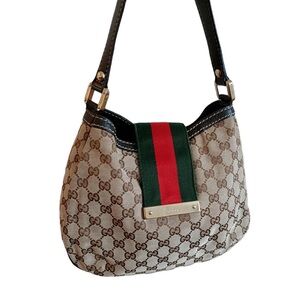 Authentic Gucci Beige Monogram Cloth Red-Green Patterned Shoulder Bag purse